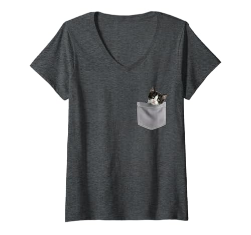 Damen Katzentasche guckt süße Katze in der Tasche T-Shirt mit V-Ausschnitt von Pocket Cat Merch