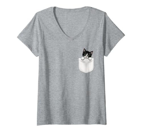 Damen Katzentasche guckt süße Katze in der Tasche T-Shirt mit V-Ausschnitt von Pocket Cat Merch