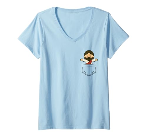 Damen Niedlicher Jesus, Taschenfreund, lustig, christlicher Glaube, Religion T-Shirt mit V-Ausschnitt Damen Niedlicher Jesus, Taschenfreund, lustig, christlicher Glaube, Religion T-Shirt mit V-Ausschnitt von Pocket Jesus Funny Christian Religious Faith