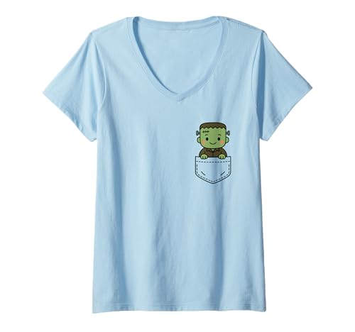 Damen Lustiges grünes Monster Pocket Pal niedliche Halloween-Kreatur T-Shirt mit V-Ausschnitt Damen Lustiges grünes Monster Pocket Pal niedliche Halloween-Kreatur T-Shirt mit V-Ausschnitt von Pocket Monster Funny Halloween Stitched Creature