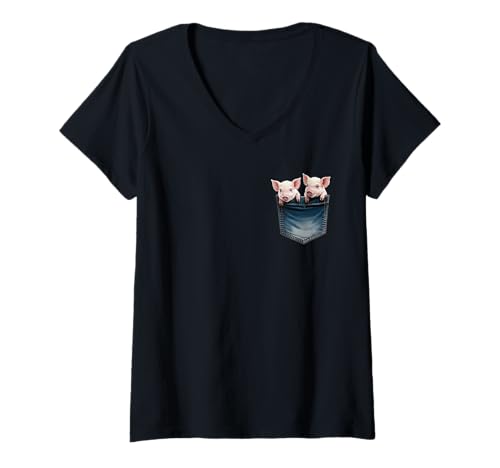 Damen Niedliche Ferkel Pocket Peeking Lustiges Schwein T-Shirt mit V-Ausschnitt Damen Niedliche Ferkel Pocket Peeking Lustiges Schwein T-Shirt mit V-Ausschnitt von Pocket Peeking animals