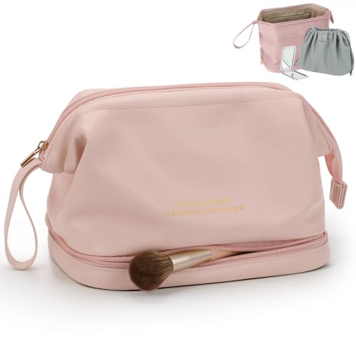 Pocmimut Make-up-Tasche, Kosmetiktasche für Damen, Reise-Make-up-Tasche für Mädchen, groß, doppellagig, Make-up-Pinseltasche, Kulturbeutel für Damen, Pink-B1, Large, Leder von Pocmimut