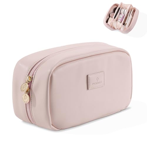 Pocmimut Make-up-Tasche aus PU-Leder, Reise-Make-up-Tasche, offene flache Make-up-Tasche für Geldbörse, Geldbörse, Make-up-Tasche für Frauen, L-pink, Large von Pocmimut