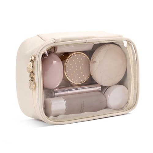Pocmimut Make-up-Tasche, PU-Leder, transparent, Make-up-Tasche, Reise-Make-up-Tasche, Auto-Essentials für Damen, Reiseutensilien, Kosmetiktasche, Organizer (beige), Lang-Beige, Small, Lang von Pocmimut