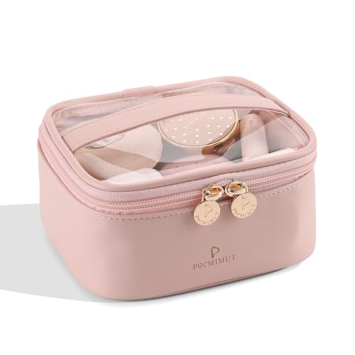 Pocmimut Transparente Make-up-Tasche, PU-Leder, Kosmetiktasche, Make-up-Tasche, Autozubehör, Aufbewahrung, Reiseutensilien, Organizer für Damen und Mädchen, G-pink, Small, Quadratisch von Pocmimut