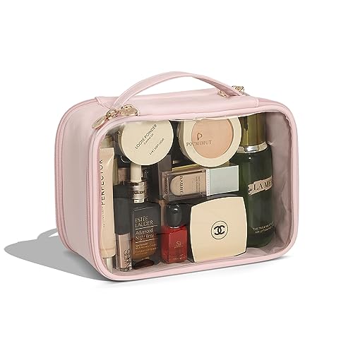 Pocmimut Reise-Make-up-Tasche – zweilagige Make-up-Tasche aus Leder, transparente Kosmetiktasche mit Reißverschluss, große Make-up-Taschen für Frauen, Kosmetik-Toilettenartikel, von Pocmimut