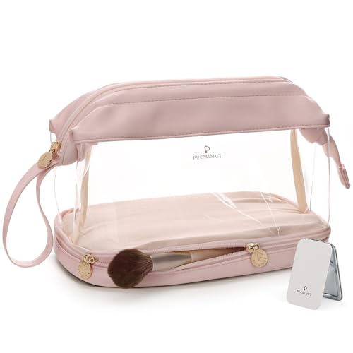 Pocmimut Transparente Make-up-Taschen – große doppellagige Make-up-Tasche Reise-Kosmetiktaschen für Frauen, PU-Leder, wasserdichter Kulturbeutel, Make-up-Organizer mit Pinselhalter und Spiegel, Pink, von Pocmimut