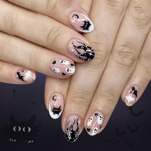 Halloween Press Auf Nägeln Mandel Französisch Tipps Gefälschte Nägel Acrylnägel Mit Blumenschläger Designs Für Frauen Mandel Falsch Nagel von Pocoiau