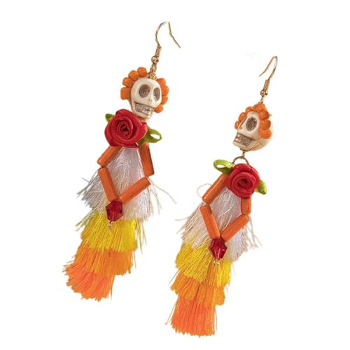 Halloween-Totenkopf-Ohrringe mit Rosenblüten und Quasten für Damen, Party-Schmuck, Halloween-Ohrschmuck, Zubehör, multifunktionale Partykleidung, Einheitsgröße, Wie beschrieben, Wie beschrieben von Pocoiau