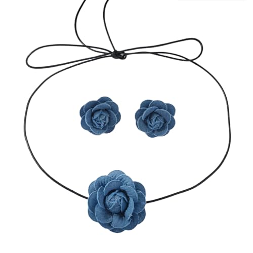 Pocoiau Denims Blue Fabric Choker Armband Ohrringe Für Trendige Frauen Modische Schmuck Set Handgefertigte Partyzubehör Handgefertigte Ohrringkragen Combo von Pocoiau