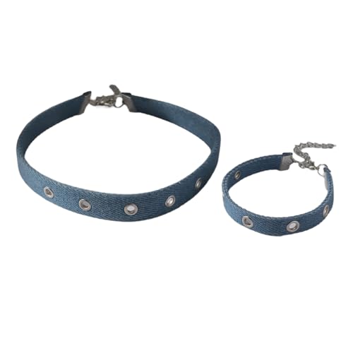 Pocoiau Denims Blue Fabric Choker Armband Ohrringe Für Trendige Frauen Modische Schmuck Set Handgefertigte Partyzubehör Handgefertigte Ohrringkragen Combo von Pocoiau