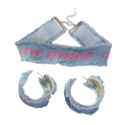 Pocoiau Denims Blue Fabric Choker Armband Ohrringe Für Trendige Frauen Modische Schmuck Set Handgefertigte Partyzubehör Handgefertigte Ohrringkragen Combo von Pocoiau