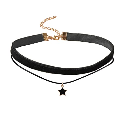 Pocoiau Gotische Doppelschichten Samt Choker Kette Frauen Halskette Star Förmige Anhänger Halskette Mode Halsband Punkschmuck Pentagramm Star Charme Anhänger Mehrschichtig von Pocoiau