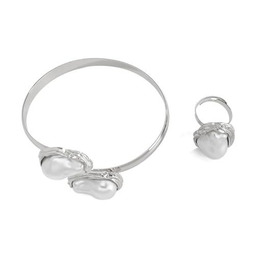 Pocoiau Mehrzweck-Armband im französischen Barockstil, unregelmäßige Imitationsperlen und Ringe und Armband für trendige Frauen, elegant, Eisen + Legierung + Imitationsperle von Pocoiau