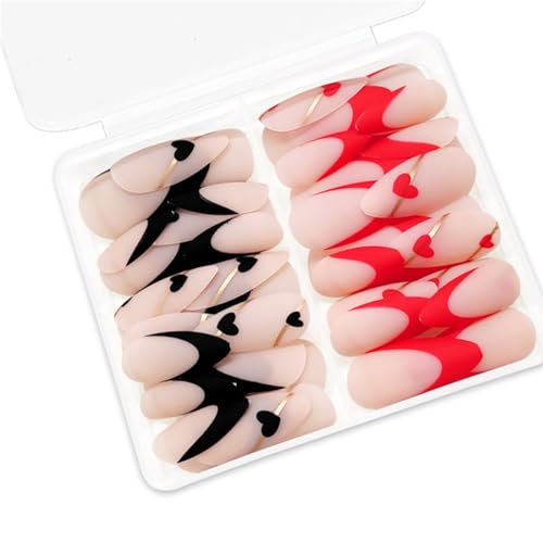 Valentinstag Mandel Press on Nails mit französischen Spitzen und Herzmuster Matte Nägel Kunst Kunstnägel für moderne Frauen von Pocoiau