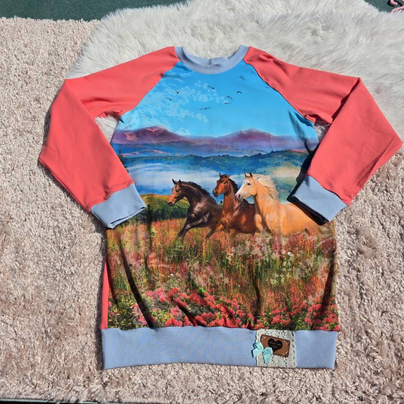 Mädchen Long Pullover Pferde Landschaft Größe 140/146 Handmade von PoddysZauber