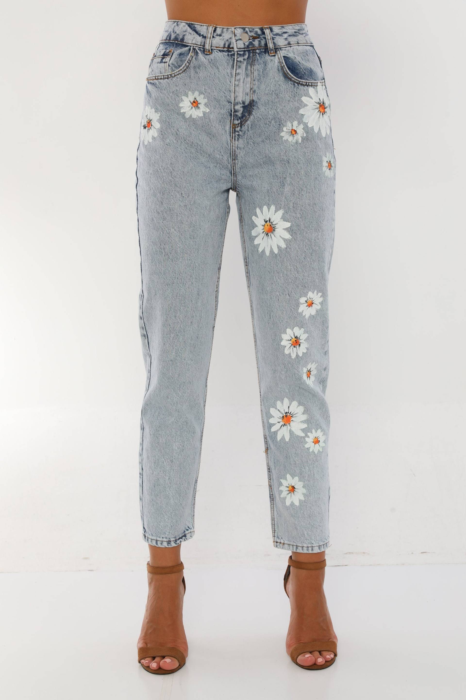 Frauen Hohe Taille Blumen Benutzerdefinierte Handbemalte Mom Jeans Denim Hosen von PodiumStar