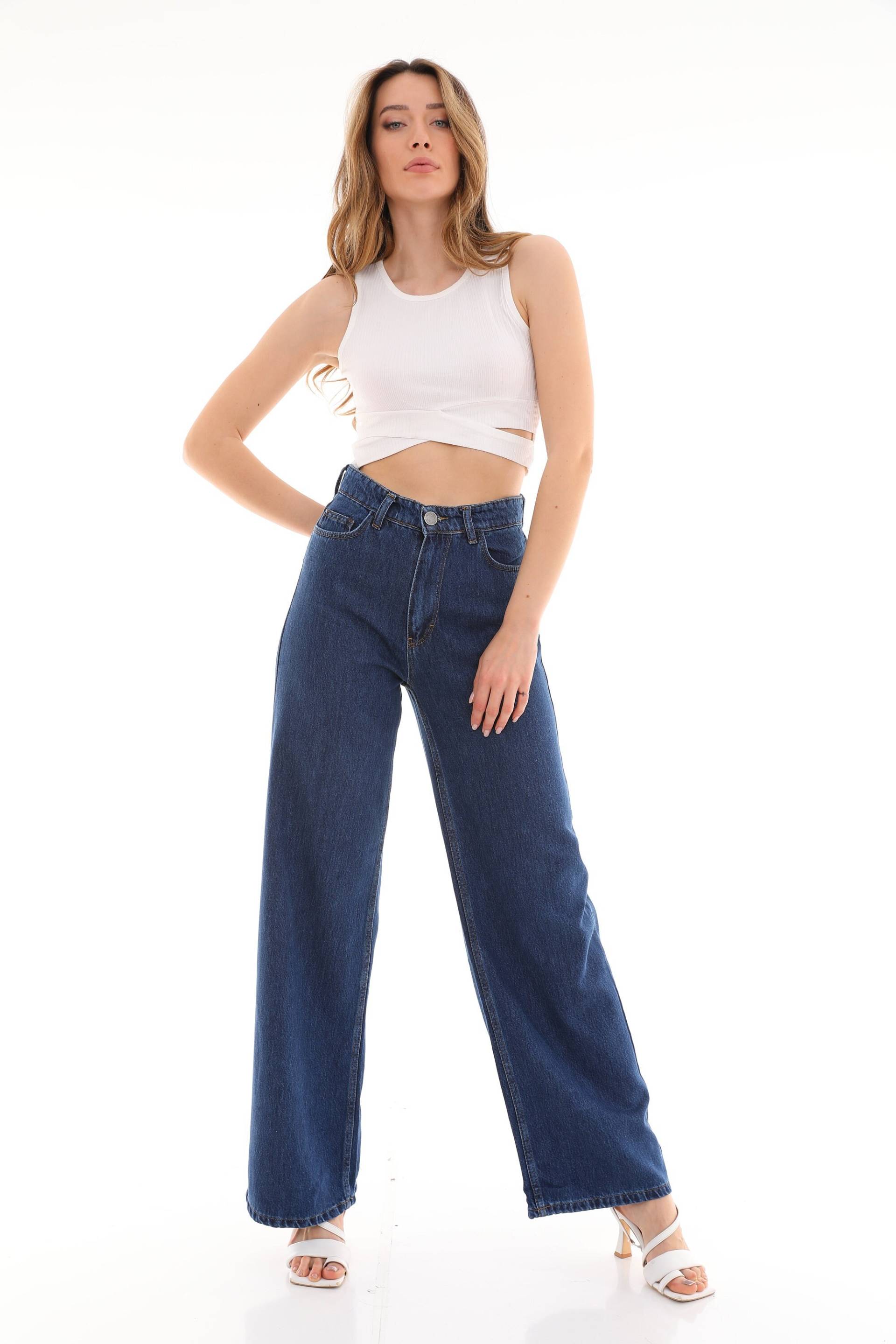 Frauen Hohe Taille Weites Bein Jeans Denim Hose von PodiumStar