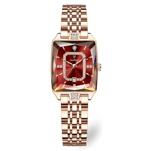 Poedagar Luxuriöse elegante Armbanduhr für Damen, Datum, wasserdicht, rechteckig, Damenuhr, Edelstahl, modisch, Business, klassisch, Quarz, Damenuhren, Rotgold, Rot, Armband von Poedagar