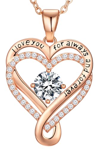 18K Roségold Halskette Damen Geschenke für Frau Geburtstag Hochzeit Jubiläum für sie Unendlichkeitsherz Geburtsstein Brautschmuck Liebe Geschenk für Mama Tochter in, Sterling Silber, Zirkonia von Poekio