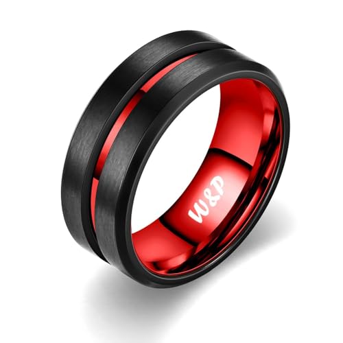 Paar Ringe mit Gravur Eheringe Partnerringe Verlobungsringe für Frauen Wolfram Herren Ring Schwarz Rot Zirkonia Edelstahl für Freundin Ihn Personalisiert (Ringe für Herren) von Poening