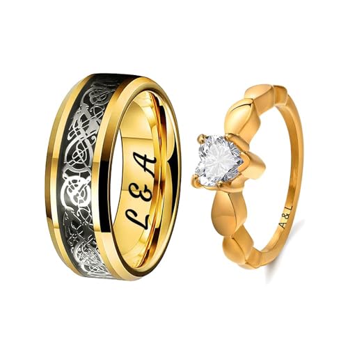 Pärchen Ringe für 2 mit Gravur Verlobungsringe Paar Schwarz Partnerringe mit Namen Ring Hochzeit Ringe Damen und Herren Hochzeitsgeschenk Personalisiert,Größe 49-69 (Goldene) von Poening