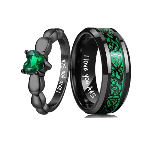 Pärchen Ringe für 2 mit Gravur Verlobungsringe Paar Schwarz Partnerringe mit Namen Ring Hochzeit Ringe Damen und Herren Hochzeitsgeschenk Personalisiert,Größe 49-69 (Grün) von Poening