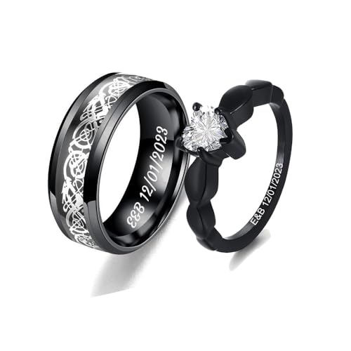 Pärchen Ringe für 2 mit Gravur Verlobungsringe Paar Schwarz Partnerringe mit Namen Ring Hochzeit Ringe Damen und Herren Hochzeitsgeschenk Personalisiert,Größe 49-69 (Schwarz) von Poening