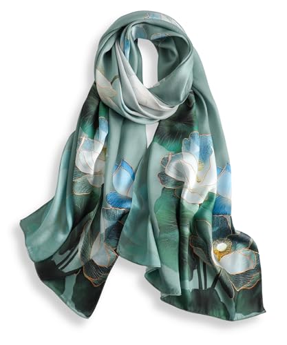 PoeticEHome Langer Schal aus 100 % Maulbeerseide – großer länglicher Sonnenschutz für Damen, mit Geschenkverpackung, Q2 - Misty Blue Lotus, 68" x 21" (173x53cm) von PoeticEHome