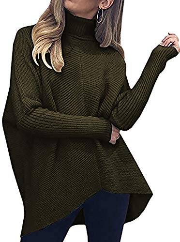 Poetsky Damen Rollkragenpullover Sweater Lose Fledermausärmel Strickpullover Oversized Asymmetrisch Tunika Tops - Grün - Groß von Poetsky