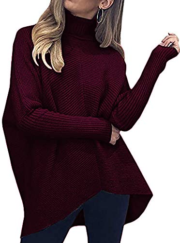 Poetsky Damen Rollkragenpullover Sweater Lose Fledermausärmel Strickpullover Oversized Asymmetrisch Tunika Tops - Rot - Groß von Poetsky
