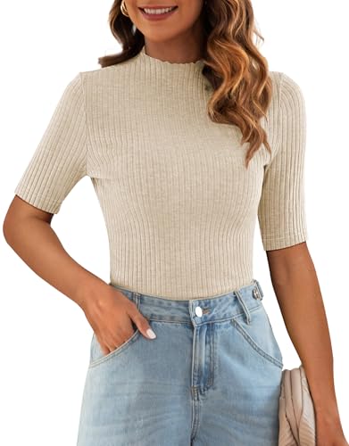Poetsky Damen Sommer Kurzarm Tops Casual Rollkragen Ellenbogen Gerippt Tailliert Basic Shirts, 01 Short Sleeve-almond, Groß von Poetsky