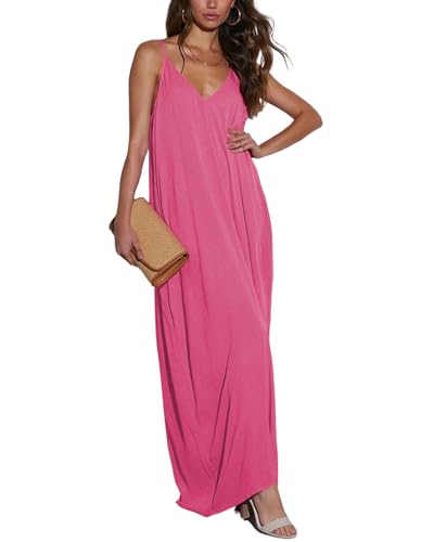 Poetsky Lässiges Maxi-Strandkleid für Damen, V-Ausschnitt, ärmellos, fließend. Taschen, lockere Passform, A-hot Pink, Groß von Poetsky