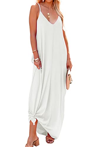 Poetsky Lässiges Maxi-Strandkleid für Damen, V-Ausschnitt, ärmellos, fließend. Taschen, lockere Passform, A-weiß, XX-Large von Poetsky