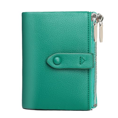 PofeeXIO Damen Geldbörse RFID Klein Kompakt Leder Damen Bifold Brieftasche Slim Medium Billfolds für Frauen Dünne Weibliche Brieftasche mit Doppelreißverschluss Münzbörse, Grün , Minimalistisch von PofeeXIO