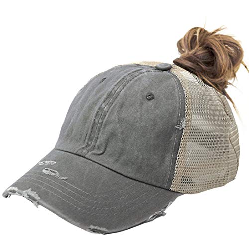 Distressed Pferdeschwanz-Mütze für Frauen Baseball Brötchen Mesh Ponycap Dad Hat - Grau - Einheitsgröße von Pogah