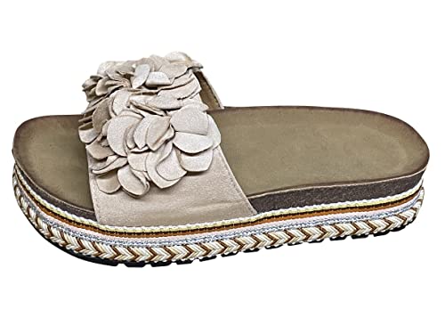 Damen Sandalen Pantoletten Plateau Sommer Schlappen Sandaletten Blume TL891– Beige 36 von Pogolino