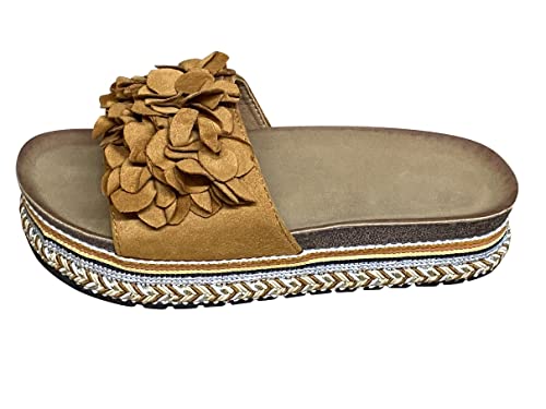 Damen Sandalen Pantoletten Plateau Sommer Schlappen Sandaletten Blume TL891– Camel 36 von Pogolino