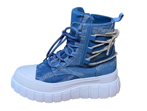 Pogolino Damen Boots Plateau High Top Sneakers Stiefeletten Jeans Leopard Glitzer Animal Print 8-123 (Denim 38) von Pogolino