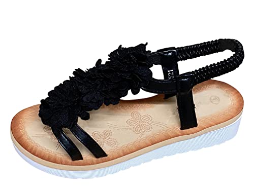 Pogolino Damen Sandalen Blumen Sandaletten Riemchen Flach Sommer WH5 – Schwarz – 39 von Pogolino