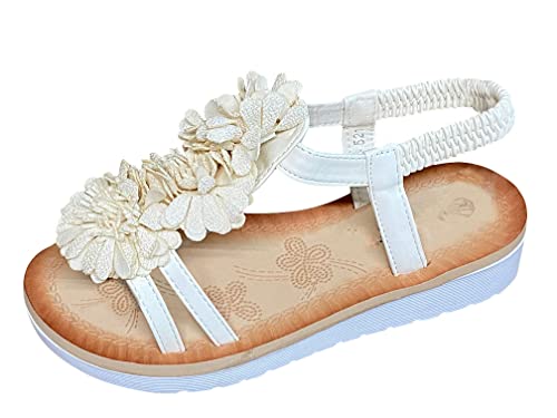 Pogolino Damen Sandalen Blumen Sandaletten Riemchen Flach Sommer WH521 – Beige – 37 von Pogolino