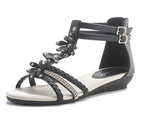 Pogolino Damen Sandalen Blumen Sandaletten Riemchen Flach Sommer WH521 – Schwarz – 40 von Pogolino