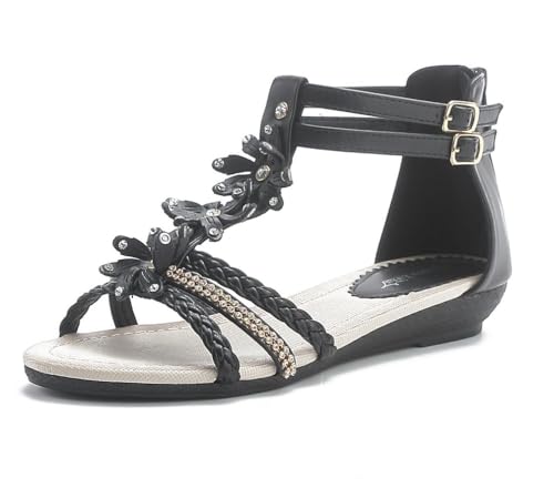 Pogolino Damen Sandalen Blumen Sandaletten Riemchen Flach Sommer WH521 – Schwarz – 42 von Pogolino