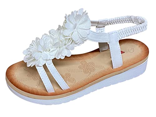 Pogolino Damen Sandalen Blumen Sandaletten Riemchen Flach Sommer WH521 – Weiß – 38 von Pogolino