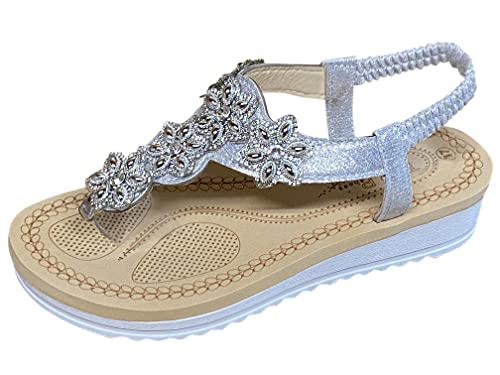 Pogolino Damen Sandalen Glitzer Zehentrenner Riemchen Blumen Nieten Sommer Sandaletten A1 – Silber – 36 von Pogolino