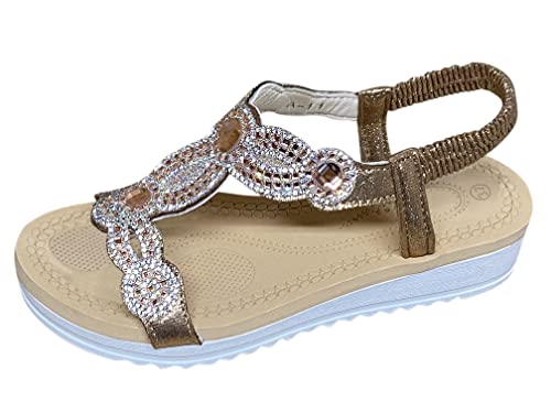 Pogolino Damen Sandalen Glitzer Zehentrenner Riemchen Blumen Nieten Sommer Sandaletten A11 – Champagner – 36 von Pogolino