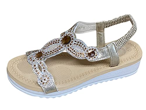 Pogolino Damen Sandalen Glitzer Zehentrenner Riemchen Blumen Nieten Sommer Sandaletten A11 – Gold– 39 von Pogolino