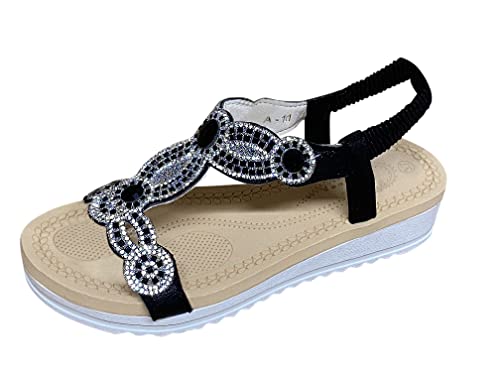 Pogolino Damen Sandalen Glitzer Zehentrenner Riemchen Blumen Nieten Sommer Sandaletten A11 – Schwarz– 36 von Pogolino