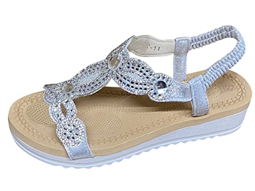 Pogolino Damen Sandalen Glitzer Zehentrenner Riemchen Blumen Nieten Sommer Sandaletten A11 – Silber– 39 von Pogolino