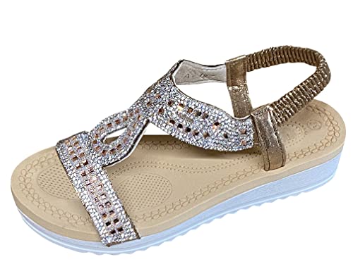 Pogolino Damen Sandalen Glitzer Zehentrenner Riemchen Blumen Nieten Sommer Sandaletten A12 – Champagner – 39 von Pogolino